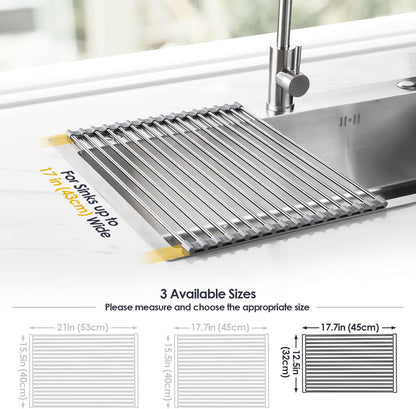 Tomorotec 17.7" x 15.5" Roll Up Dish Drying Rack Over Sink Drying Rack Sink Cover Kitchen Sink Accessories Gadget Multipurpose Organizer Foldable Stainless Steel Drainer