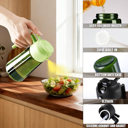 OURCABECUE 2 in 1 Olive Oil Sprayer for Cooking, 16oz/470ml Light-Blocking Dark Olive Oil Dispenser Bottle for Kitchen, Food-Grade Glass Oil Mister with 8 Oil Stickers