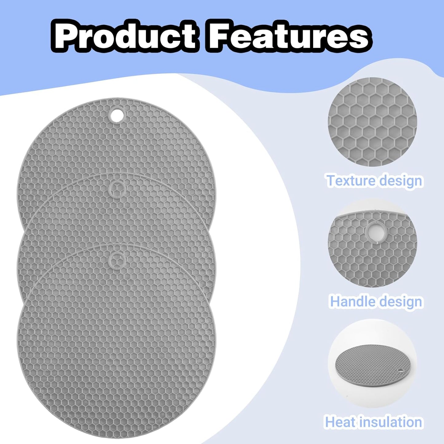 3Pcs Rubber Jar Opener,Round Large Jar Opener Gripper Pad Kitchen Non-Slip Coasters for Weak Hands,6.7x6.7Inch(Gray,Blue,Orange)