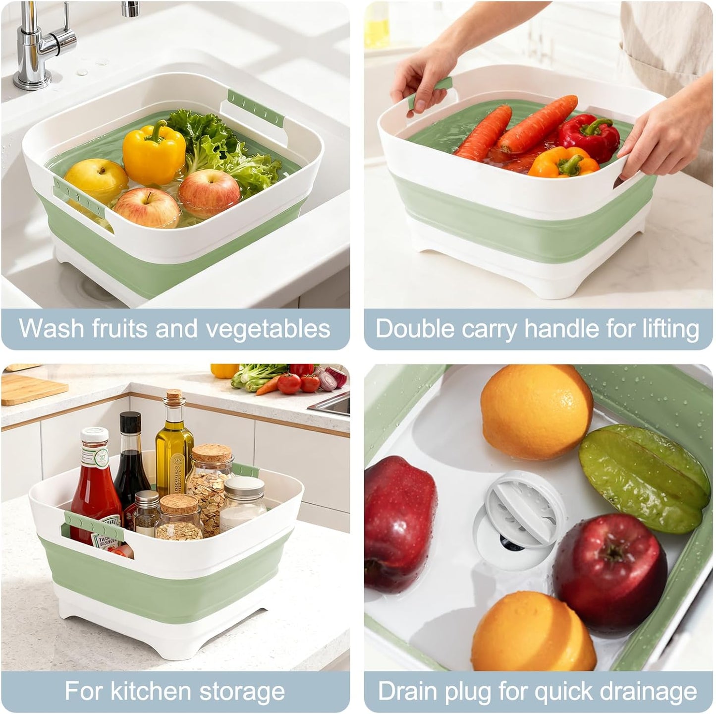 Collapsible Dish Basin with Drain Plug, 2.4 Gal 9L Foldable Wash Basin, Portable Sink Tub for Kitchen, Baby Bottles, Camping, RV, Vegetable Washing and Beverage Tub, Gray