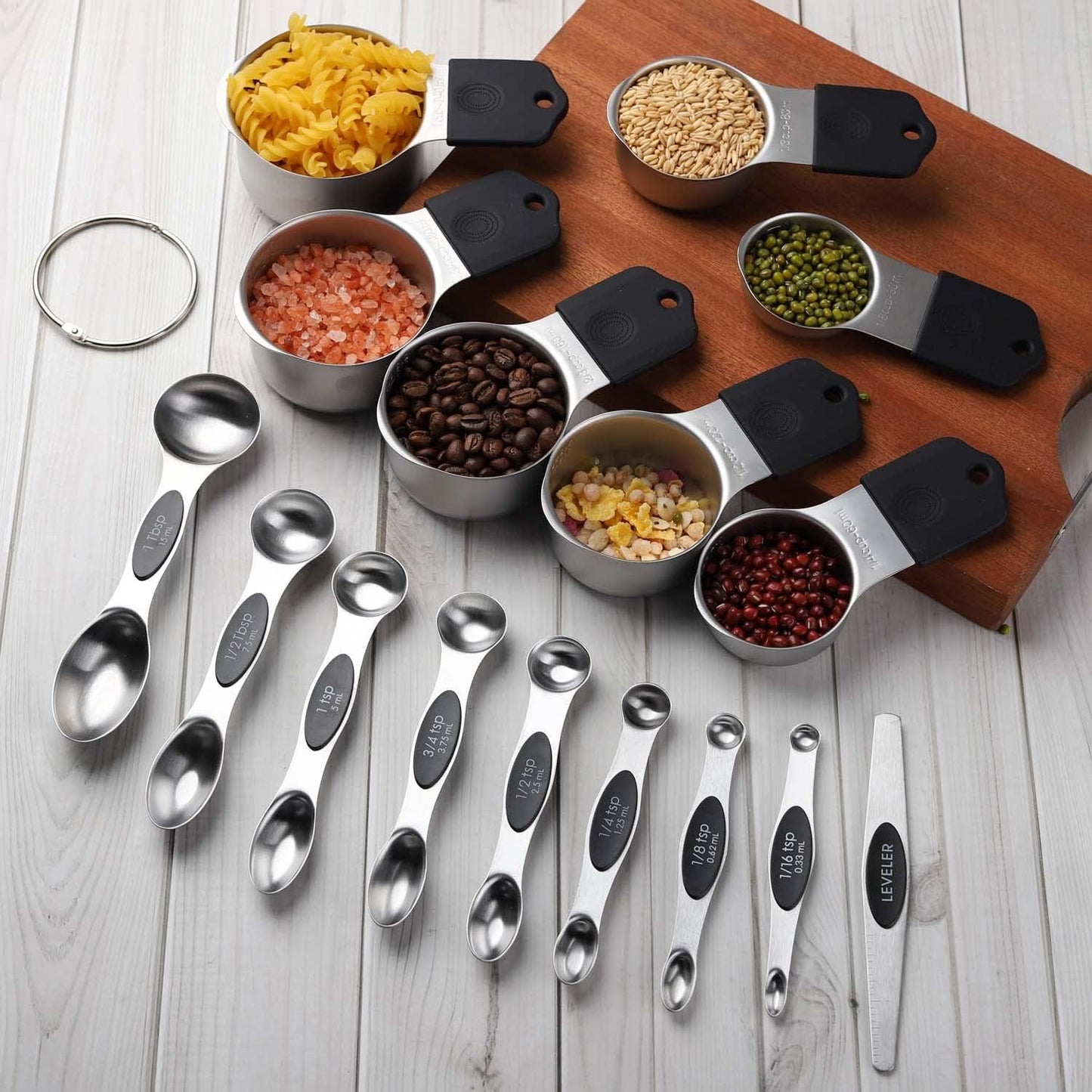 Magnetic Measuring Cups and Spoons Set Including 7 Stainless Steel Heavy Duty Measuring Cup 8 Double Sided Measuring Spoons with 1 Leveler for Dry and Liquid Ingredients (Color)