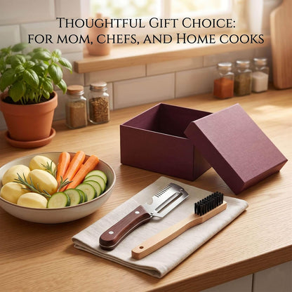 3-in-1 Stainless Steel Vegetable Peeler with Wooden Handle, Julienne Shredder and Bottle Opener for Kitchen & Camping, Includes Cleaning Brush