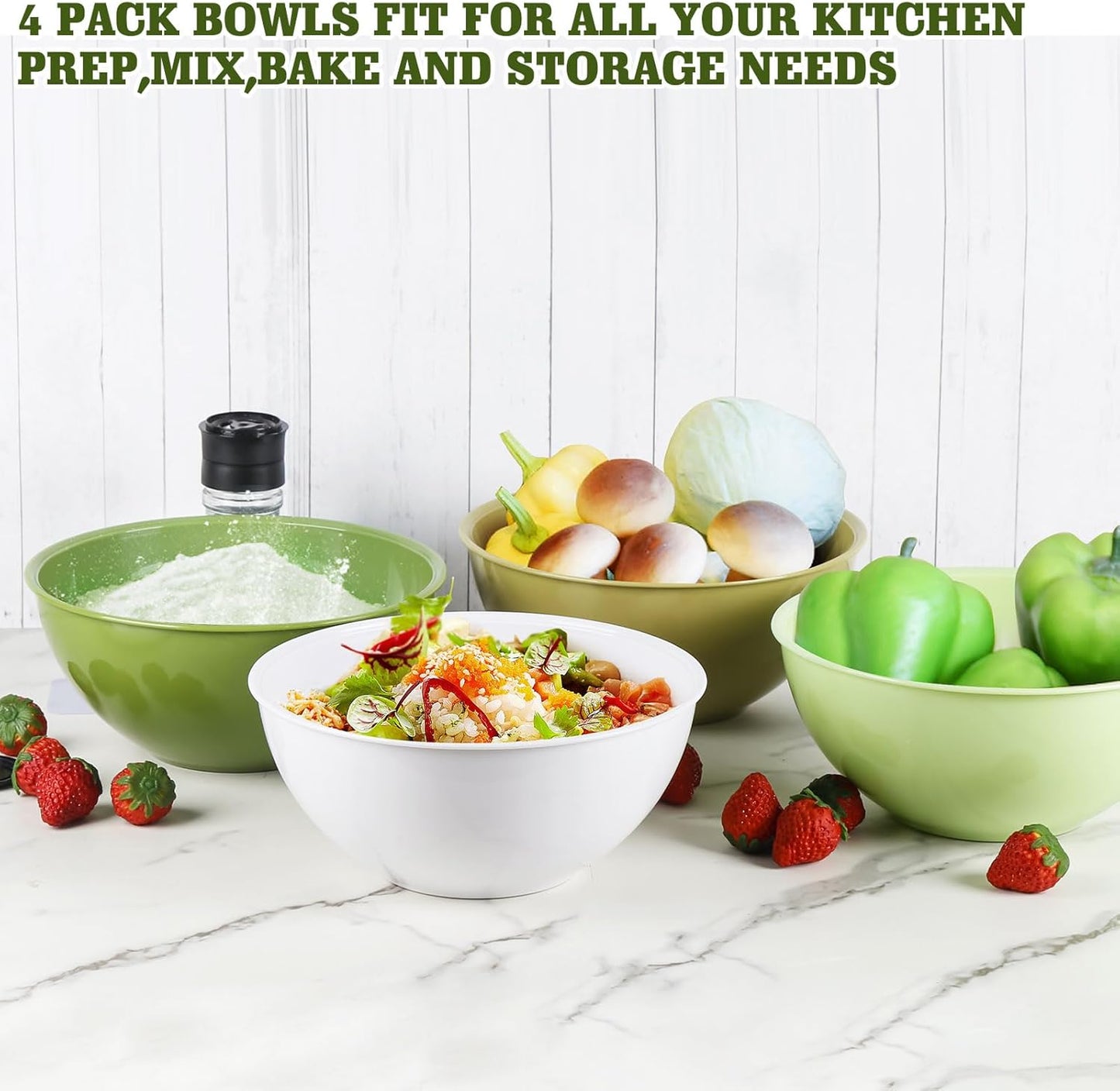 Greentainer 4-Piece Plastic Mixing Bowl Set with Lids for Kitchen, 67oz Lightweight Storage Bowls, Large Salad Bowls for Baking, Prepping, Cooking and Serving Food, Dishwasher & Microwave Safe