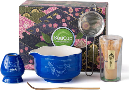 Buucup Matcha Set, Matcha Bowl with Spout, Matcha Whisk and Holder, Bamboo matcha Scoop and Stainless Sifter - 5 Pcs Jade Green Matcha Set Kit for Matcha Lover