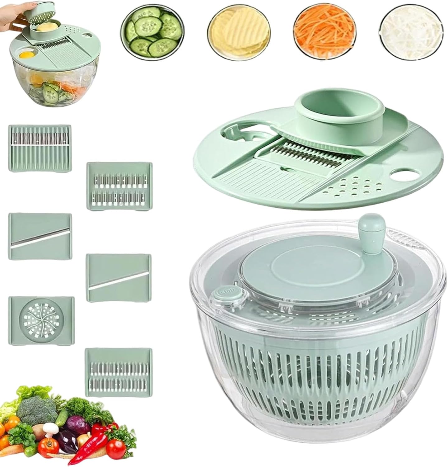 Large Capacity Multi-Function Salad Spinner with Quick Stop Button, Salad Spinner Stainless Steel, Salad Spinner Large, with 5 Blade Slicer Egg Yolk Strainer Shredder (Green)