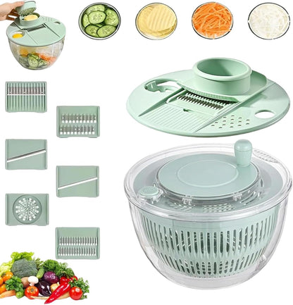 Large Capacity Multi-Function Salad Spinner with Quick Stop Button, Salad Spinner Stainless Steel, Salad Spinner Large, with 5 Blade Slicer Egg Yolk Strainer Shredder (Green)