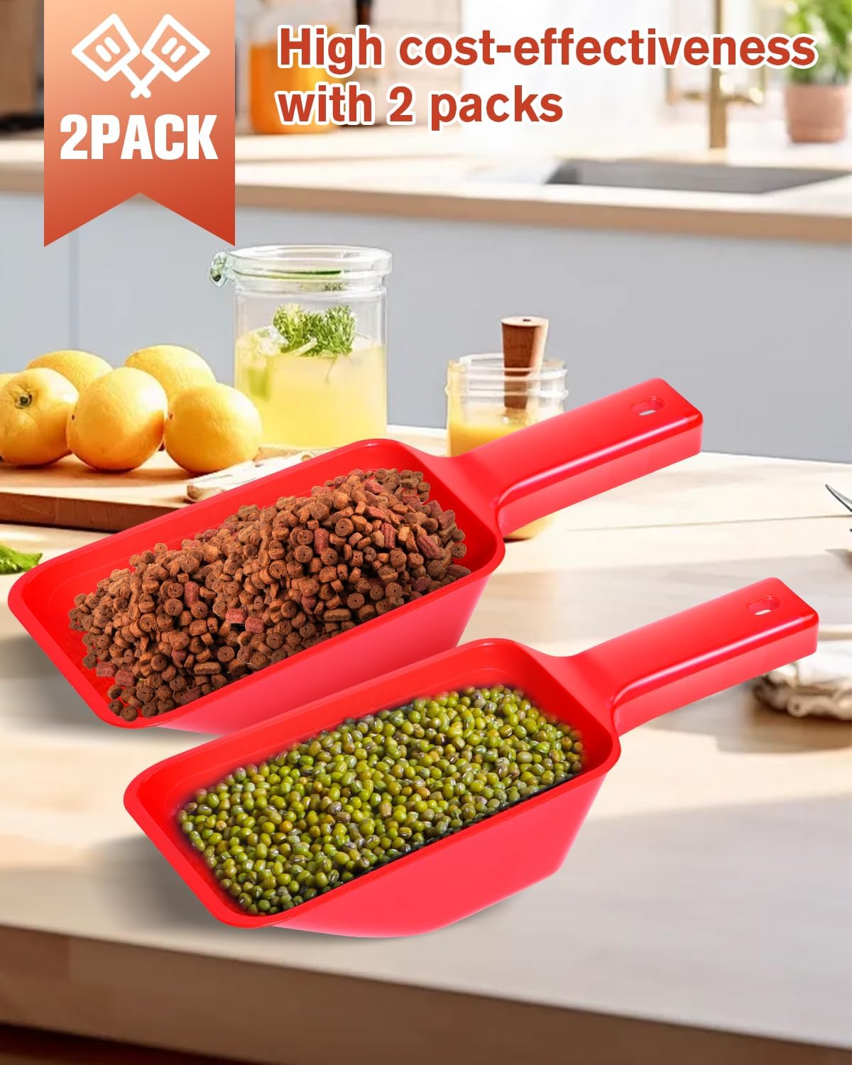 2 Cup Dog Food Scoop(2 Pack), Plastic Pet Food Scoop with Measuring Lines for Accurate Pet Food Portions,Dishwasher Safe (Grey and Pink)