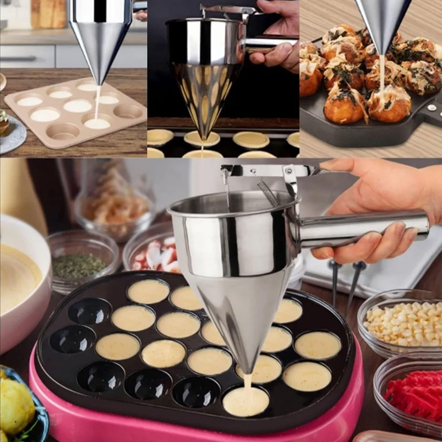 Gavigain Pancake Batter Dispenser, Stainless Steel Funnel Cake Dispenser with Stand Baking Tools for Cake Pancakes Cupcakes Muffins Crepes Waffles Takoyaki