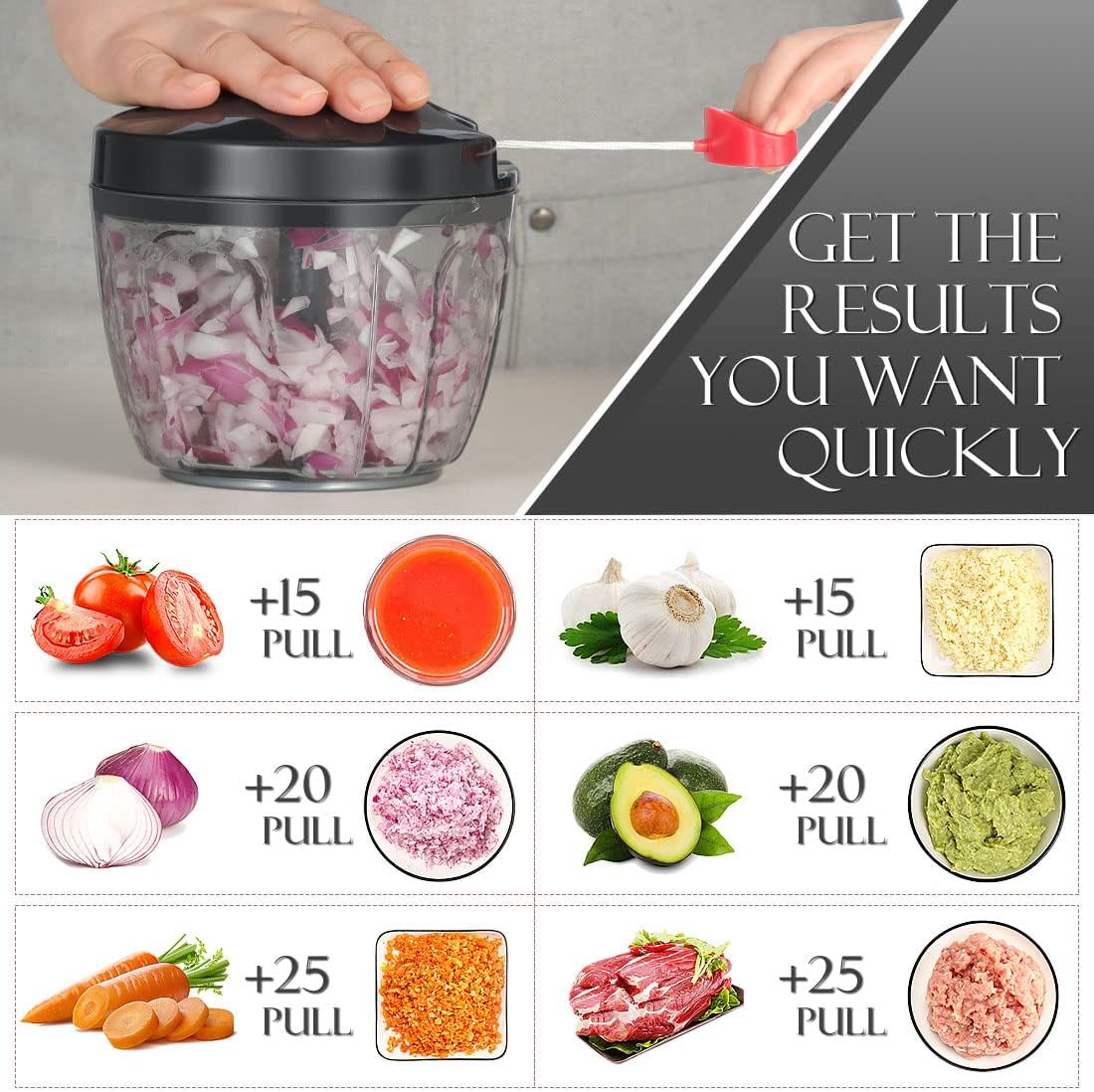 Ourokhome Manual Food Processor Vegetable Chopper, Portable Hand Pull String Garlic Mincer Onion Cutter for Veggies, Ginger, Fruits, Nuts, Herbs, etc., 500ml, Deep Blue