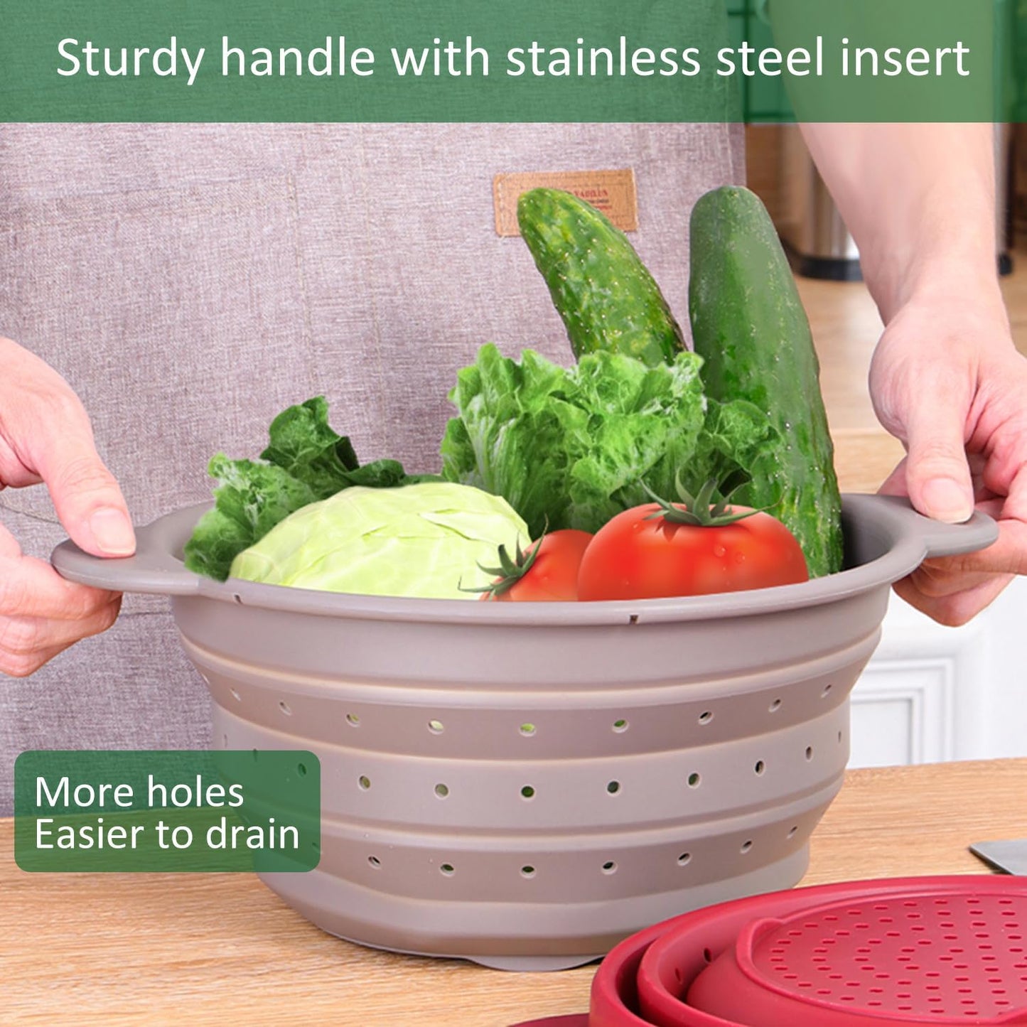 Collapsible Silicone Colander Bowl Set,BPA Free, Heat Resistant, Stainless Steel Nesting, Portable Washing Basket Strainer Drain Basin for Pasta, Vegetable and fruit, Kitchen, Camping, Hiking