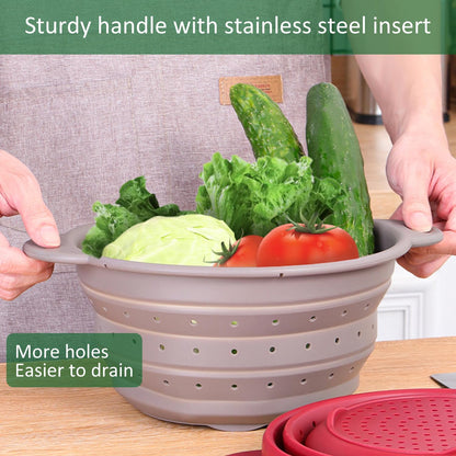 Collapsible Silicone Colander Bowl Set,BPA Free, Heat Resistant, Stainless Steel Nesting, Portable Washing Basket Strainer Drain Basin for Pasta, Vegetable and fruit, Kitchen, Camping, Hiking