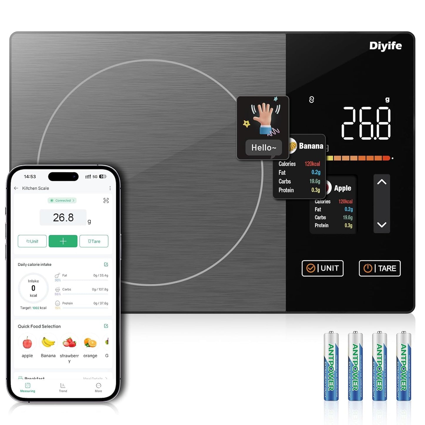 ‌Diyife Smart Food Scale with Nutritional Calculator, Free App for 24 Nutrients Tracking, Calorie, Fat, Carb, Protein, 50 Foods Preload, Digital Food Kitchen Scale for Meal Prep Healthy Diet, 11lb/5kg
