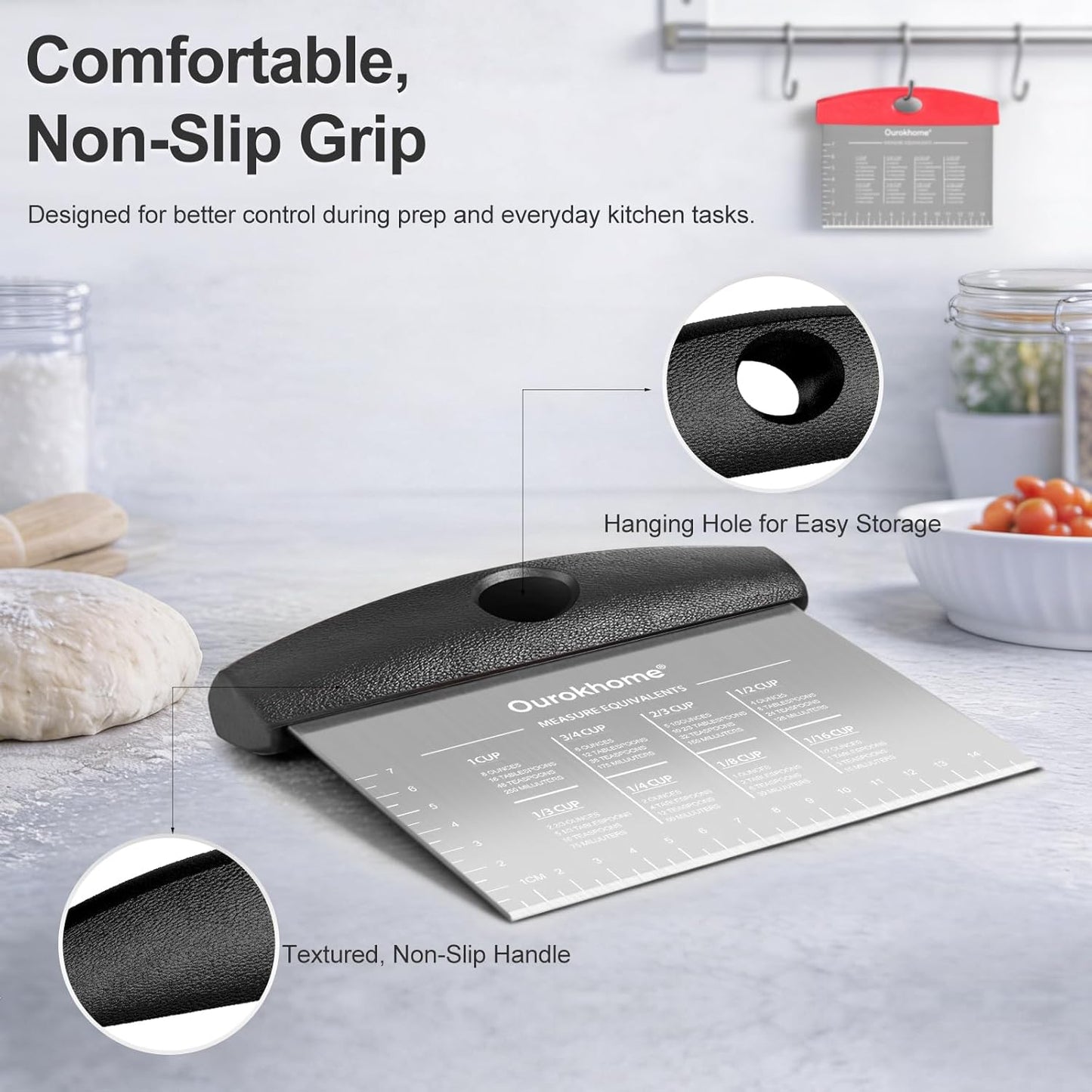 Ourokhome 2 Pack Bench Scraper Dough Cutter, Stainless Steel Dough Scraper with Laser-Etched Scale, Conversion Chart, Non-Slip Handle, Dishwasher Safe for Bread & Pastry, Black