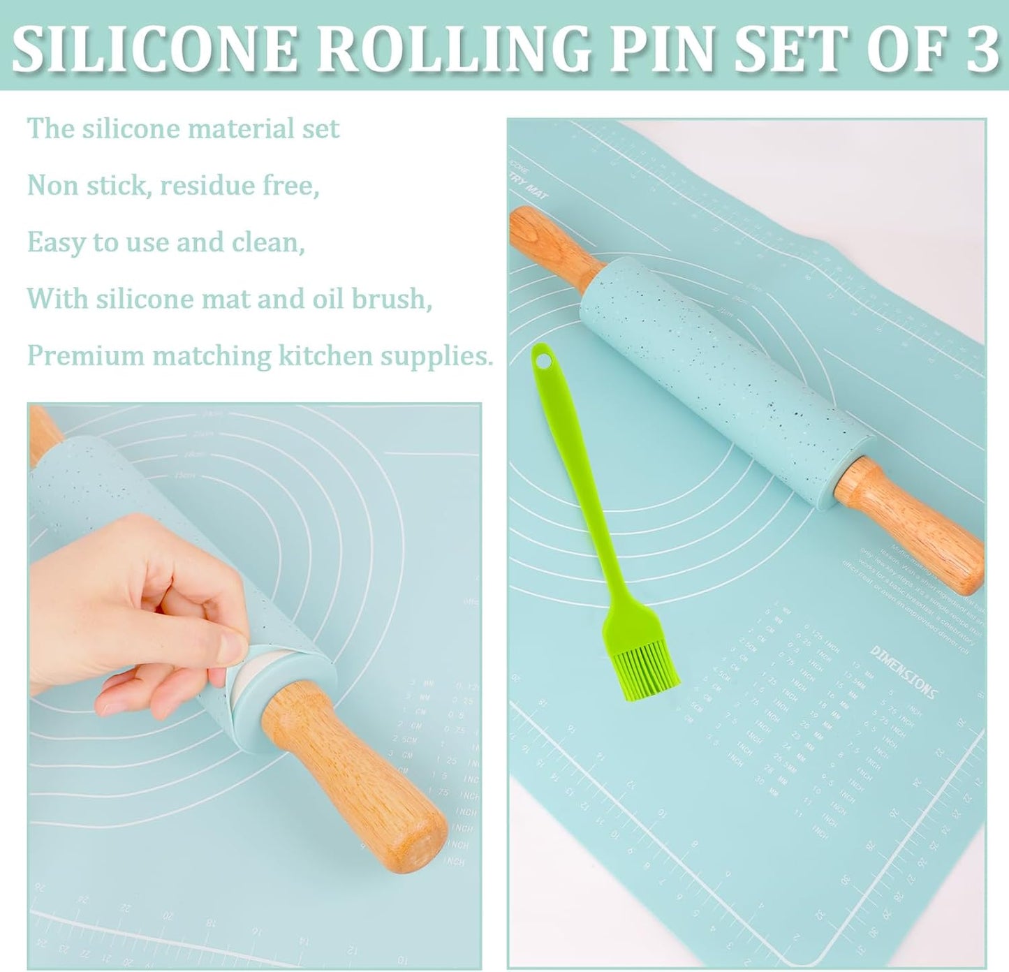 Silicone Rolling Pin for Baking,15Inch Pastry Dough Roller with Wooden Handle,Non Stick Surface Rolling Pin for Dough Cookie Pastry Tapered Dumpling Baking Supplies Kitchen Accessories