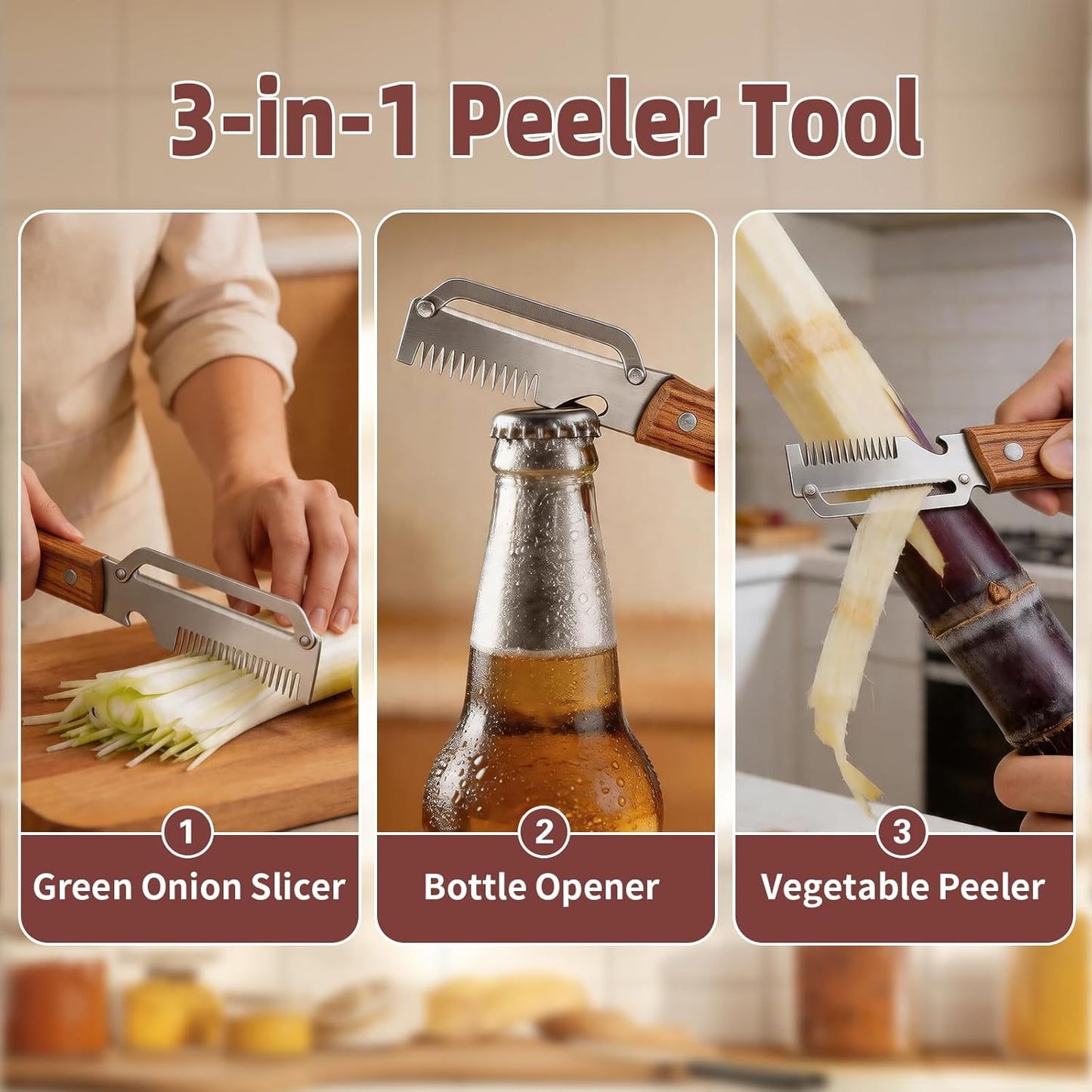 Multifunctional Vegetable Peeler, 3 in 1 Julienne Peeler with Wooden Handle, Vegetable Shredder with Bottle Opener Kitchen Tool for Peeling Veggie Fruit Pineapple Pumpkin Papaya Carrrot(2 Pack)