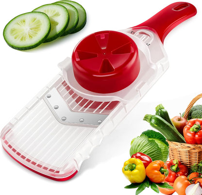 Mandoline Slicer with Hand-Held, Vegetable Slicer with Food Holder， Adjustable Stainless Steel Blade, Comfort Grip, Easy to Clean, Ideal for Speedy Slicing of Fruits and Vegetables