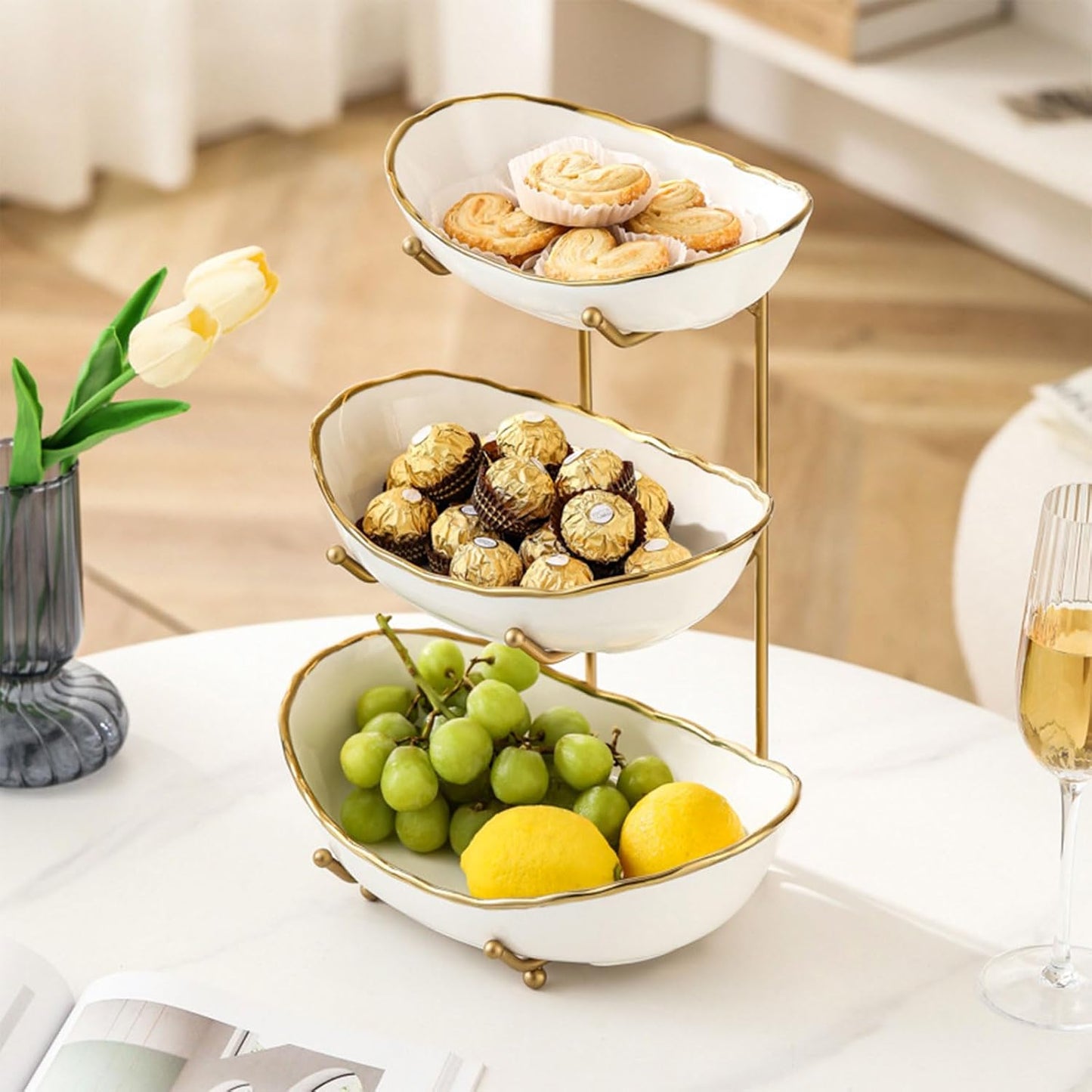 Fruit Bowl for Kitchen Counter, 3 Tier Ceramic Fruit Basket with Metal Stand, Tiered Fruit Stand for Countertop, Modern Multi Serving Bowl for Party Dessert, Vegetable, Snack