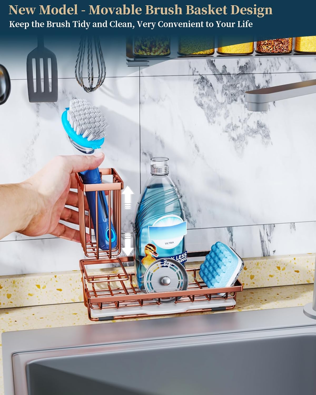 Consumest Sponge Holder for Kitchen Sink - Kitchen Sink Caddy Organizer with Removable Drip Tray for Countertop Dish Soap Dispenser Brush Storage Accessories 304 Stainless Steel - Black