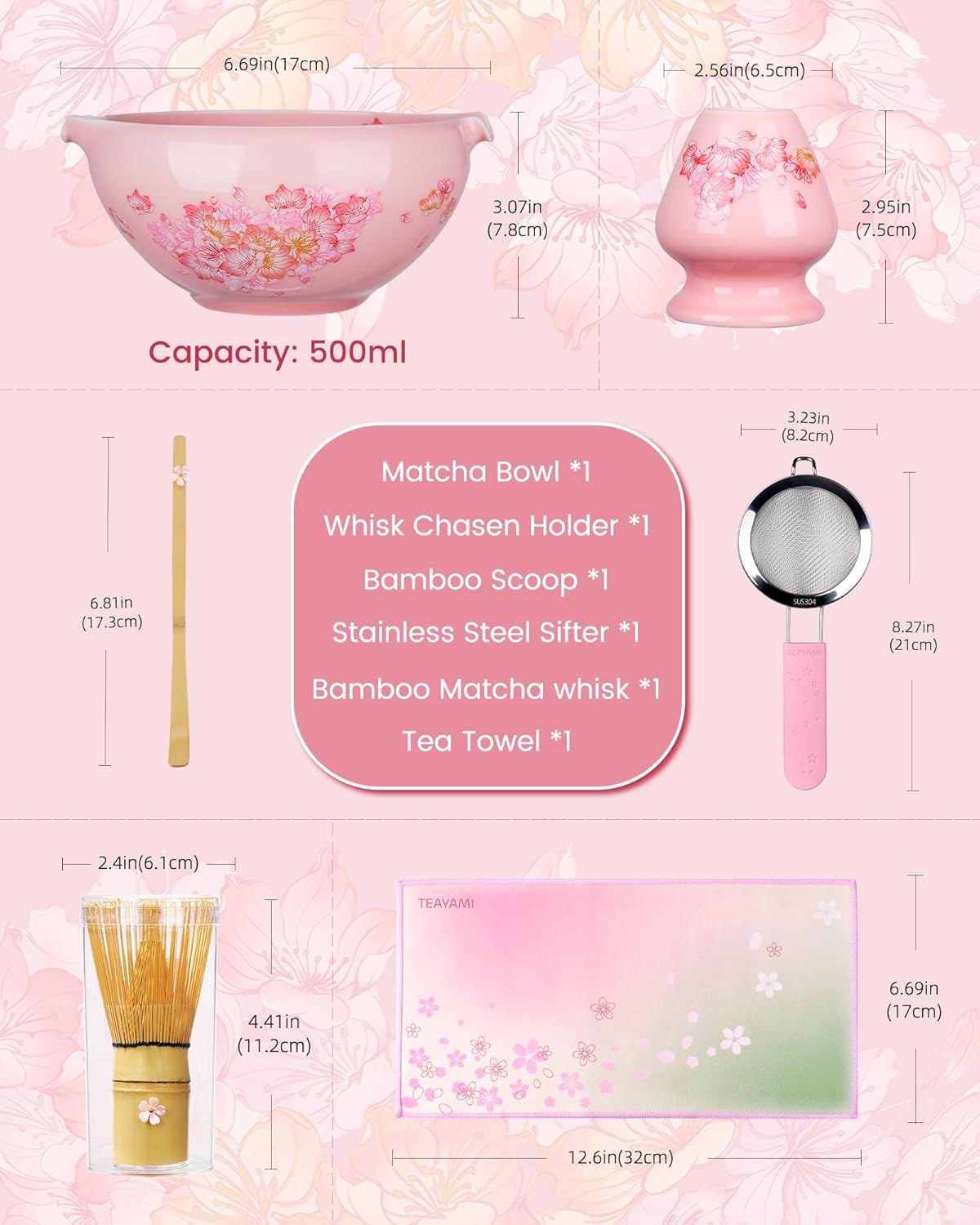 Matcha Whisk Set, 6pcs Matcha Kit Includes Large Matcha Bowl, Bamboo Whisk & Scoop with Cute Charm, Chasen Holder, Innovative Sifter, Tea Mat for Japanese Tea Ceremony-Floral Pattern