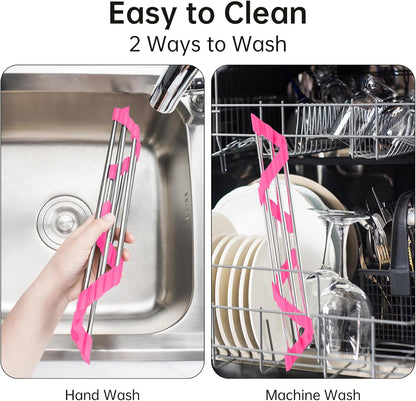 Tomorotec Triangle Foldable Dish Drying Rack, Small Roll-Up Stainless Steel Over Sink Drainer for Kitchen Sink Corner, Rustproof Multipurpose Organizer(Pink)