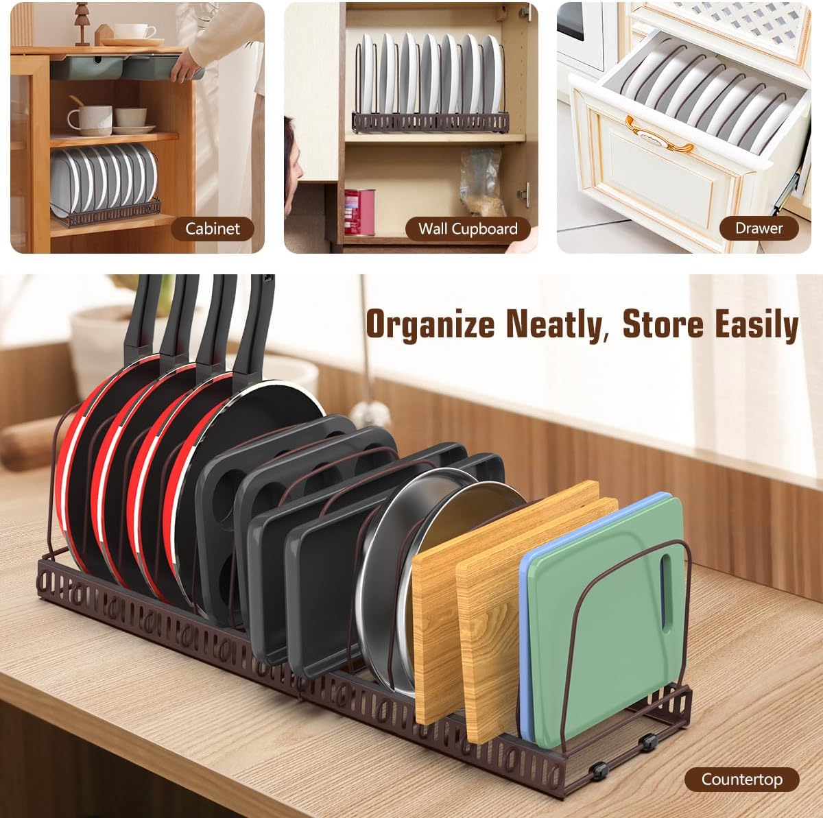 Housolution Cutting Board Organizer Rack, Expandable Baking Tray and Cookie Sheet Organizer with 14 Adjustable Dividers, Bakeware Muffin Tin Cupcake Pan Storage Organizer for Cabinet, Black