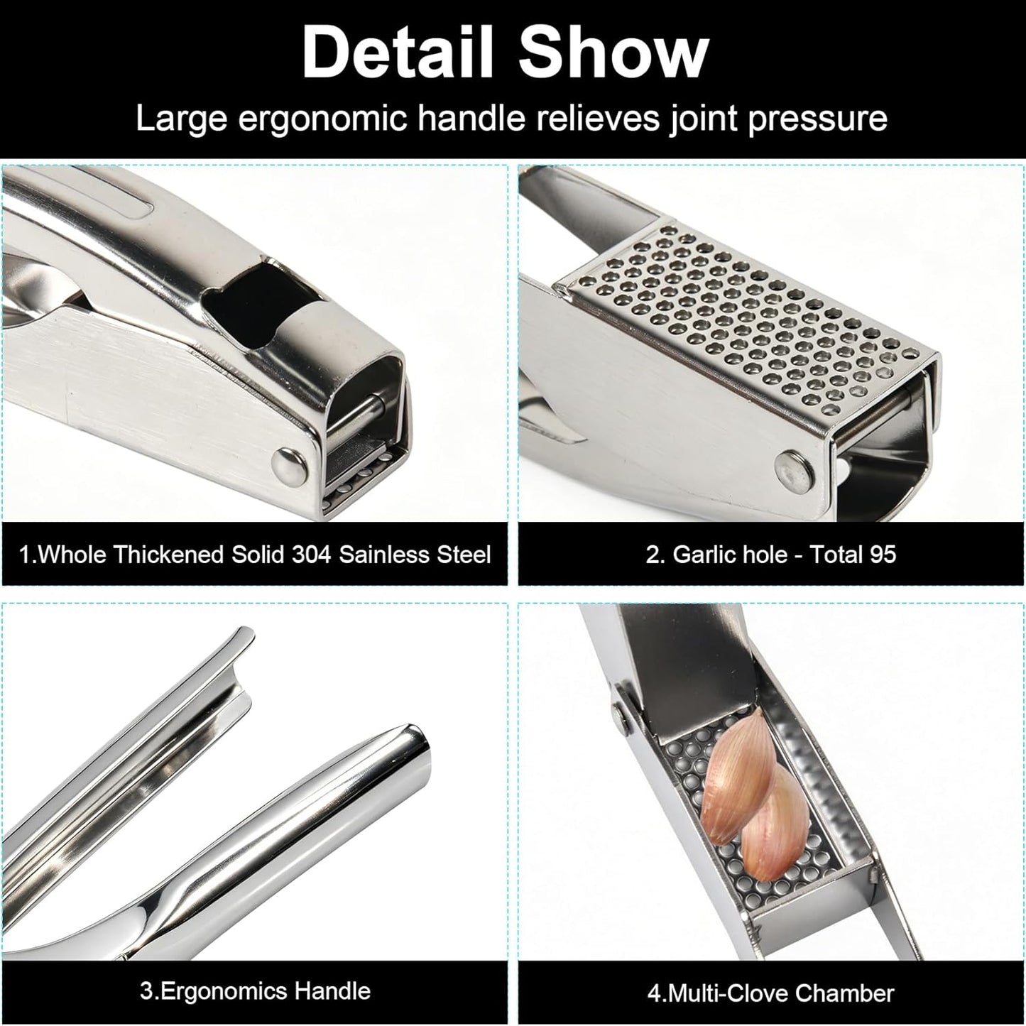 Garlic Press Stainless Steel - No Need to Peel, Garlic Mincer with Peeler Tube and Brush - Large Trough Ergonomic Handle - Rust Proof and Dishwasher Safe - Built-in Bottle Opener