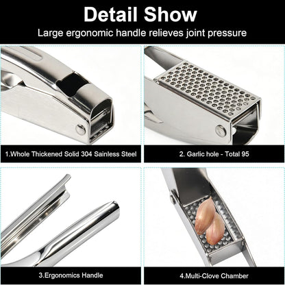 Garlic Press Stainless Steel - No Need to Peel, Garlic Mincer with Peeler Tube and Brush - Large Trough Ergonomic Handle - Rust Proof and Dishwasher Safe - Built-in Bottle Opener