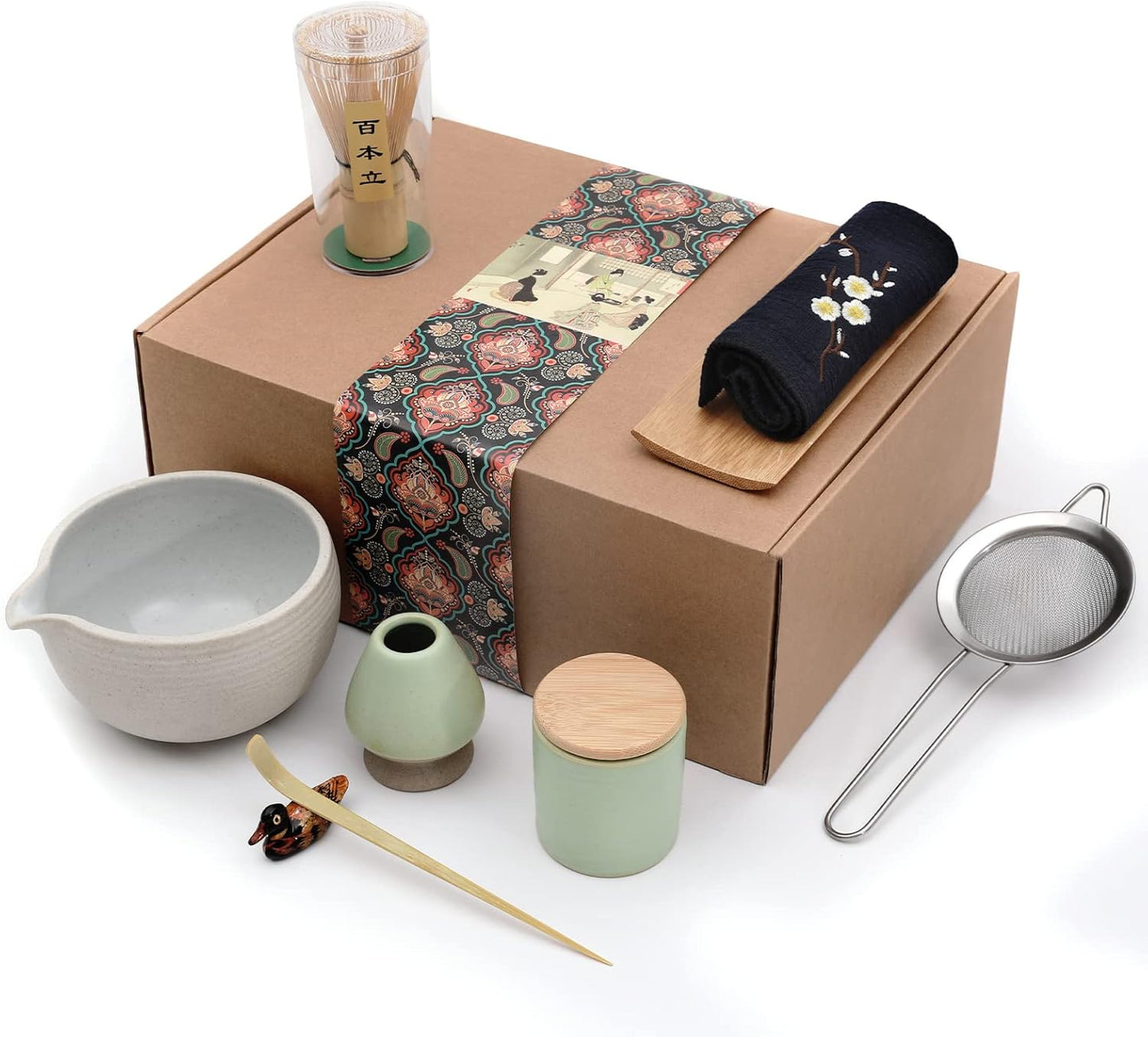 Artcome 9Pcs Japanese Matcha Tea Set, Matcha Bowl with Pouring Spout, Matcha Whisk, Ceramic Whisk Holder, Tea Scoop, Matcha Powder Caddy, Traditional Handmade Matcha Ceremony Gift Box Kit