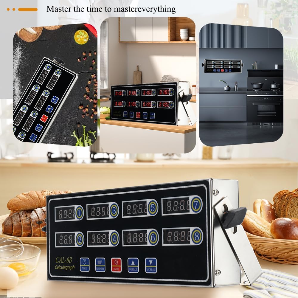 8 Channel Digital Kitchen Timer - Commercial Stainless Steel Calculagraph With Loud Alarm for Cooking and Restaurant