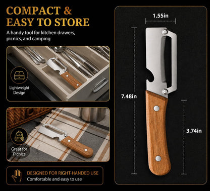 2-in-1 Multifunctional Vegetable Peeler, Wooden Handle & Bottle Opener Stainless Steel Potato Peeler, Kitchen Peeler for Fruits and veggies (Left Hand Version)
