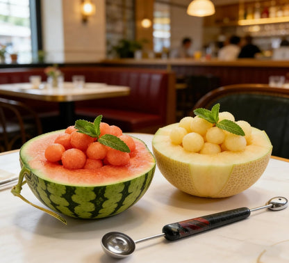 Homestia Double-Sided Stainless Steel Melon Baller - Fruit Ice Cream Scoop Spoon for Watermelon, Cantaloupe, Sorbet, Meatballs, 9.6 Inch with Gemstone Handle Icecream Melon Scooper