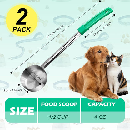 2 Pcs Dog Food Scoop Long Handled Scoops 3/4 Cup Stainless Steel Measuring Cups Portion Control Serving Spoons for Dogs Cats Birds and Rabbits Pet Food Feeding Scoop (3/4 Cup)