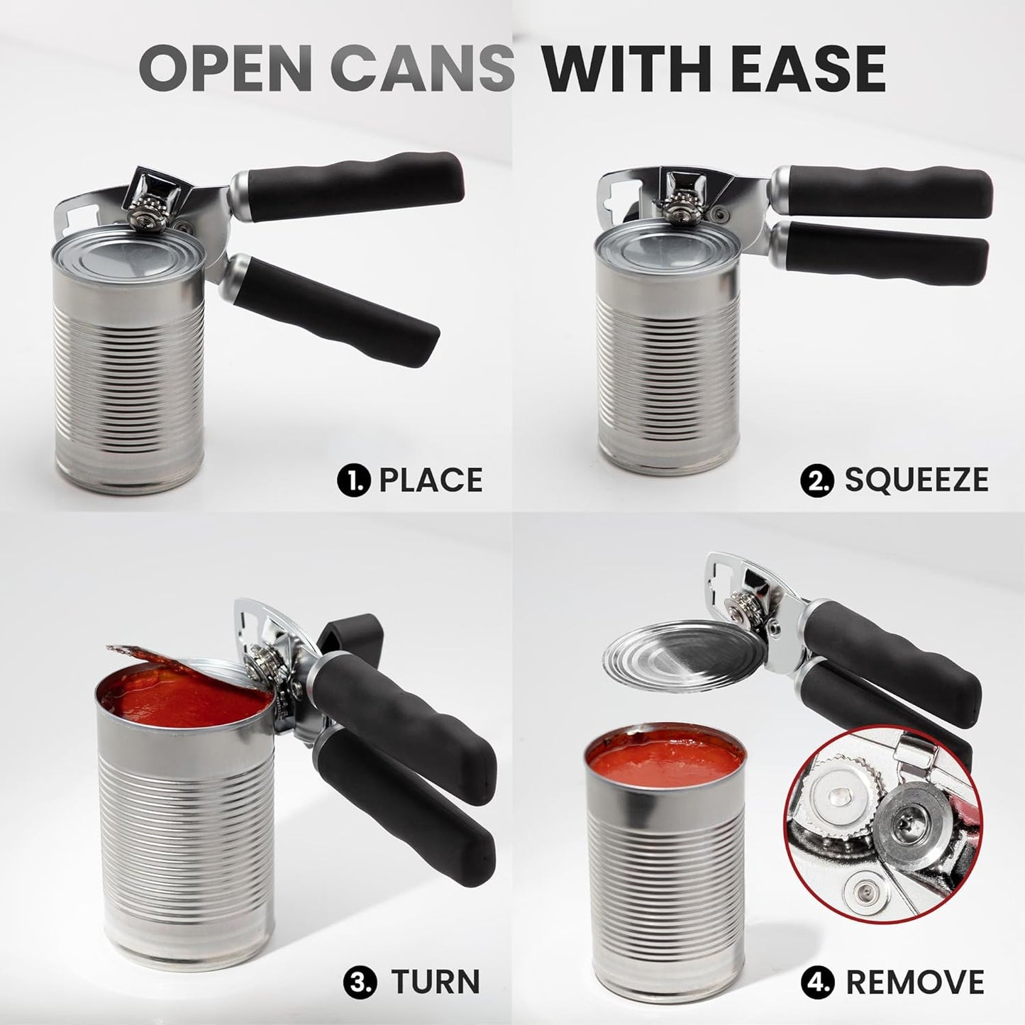 Zulay Kitchen Heavy Duty Stainless Steel Can Opener Manual with Bottle Opener - Rust Proof Manual Can Opener With Turn Knob & Comfy Soft Grip Handles - Black - Colors B