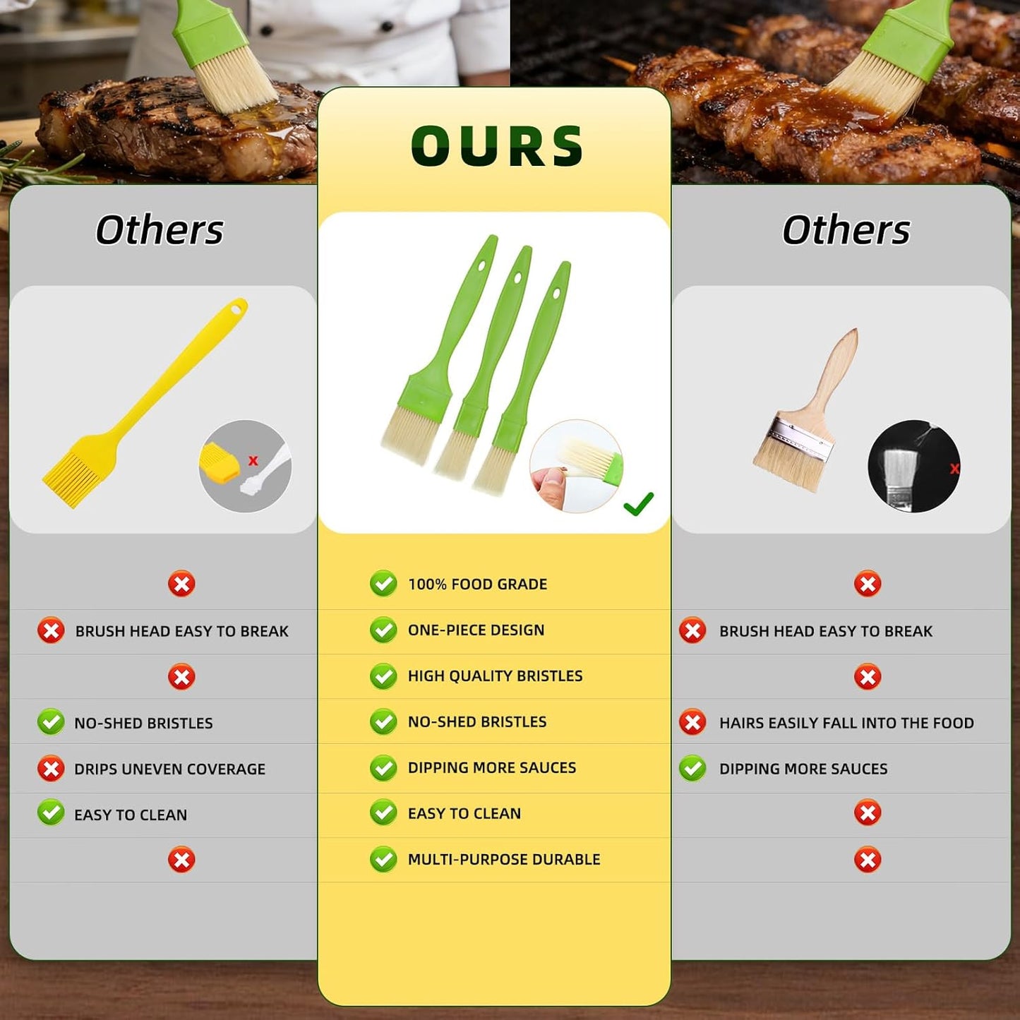 3 Pcs Pastry Brush Set, 1/1/2 inch Bristle Basting Brushes for Cooking, Heat Resistant, Kitchen Brush for Oil, BBQ Grill, Butter Sauce, Baking, with Hang Hole Design Green