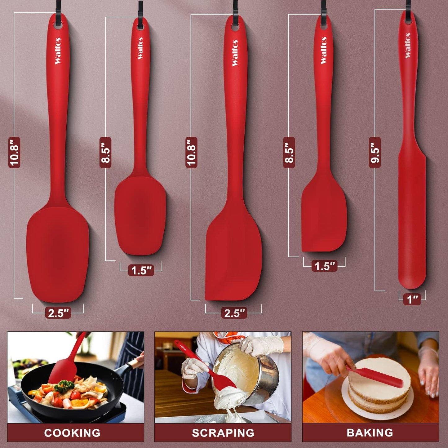 Walfos Silicone Spatula Set of 5 - (600°F) High Heat Resistant Kitchen Scraper Spatulas, One-Pieces Seamless Design, Perfect for Cooking Mixing & Baking - BPA Free and Dishwasher Safe,black