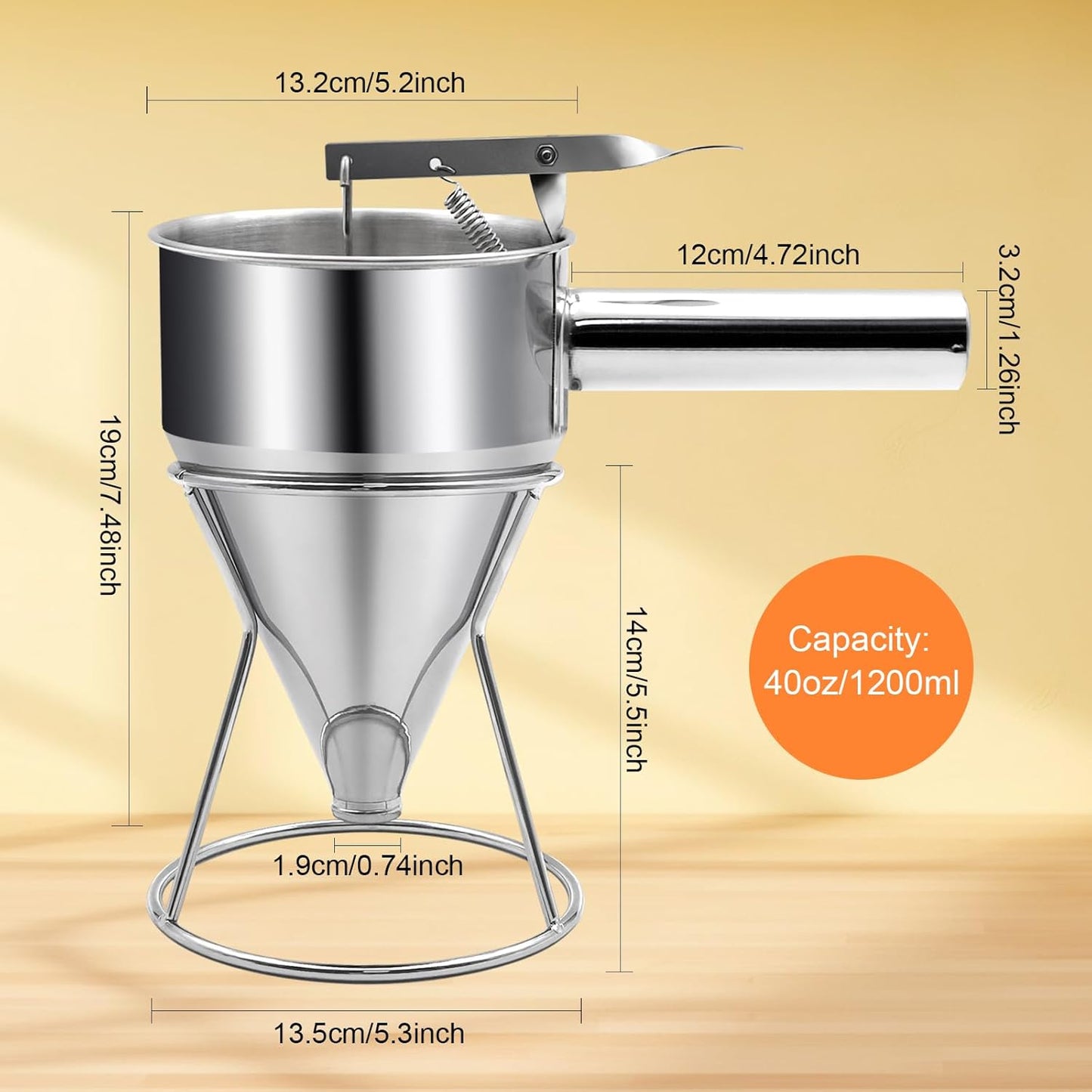 20oz Pancake Batter Dispenser, Stainless Steel Funnel Cake Dispenser with Stand Heavy Duty Baking Tool for Cupcake Waffles Cakes Takoyaki and Kitchen Baking (Small)