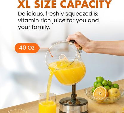 Elite Gourmet ETS-411 BPA-Free 30-Watt Electric Citrus Juicer Extractor: Compact Large Volume Pulp Control Oranges, Lemons, Limes, Grapefruits with Easy Pour Spout, 16 oz, White