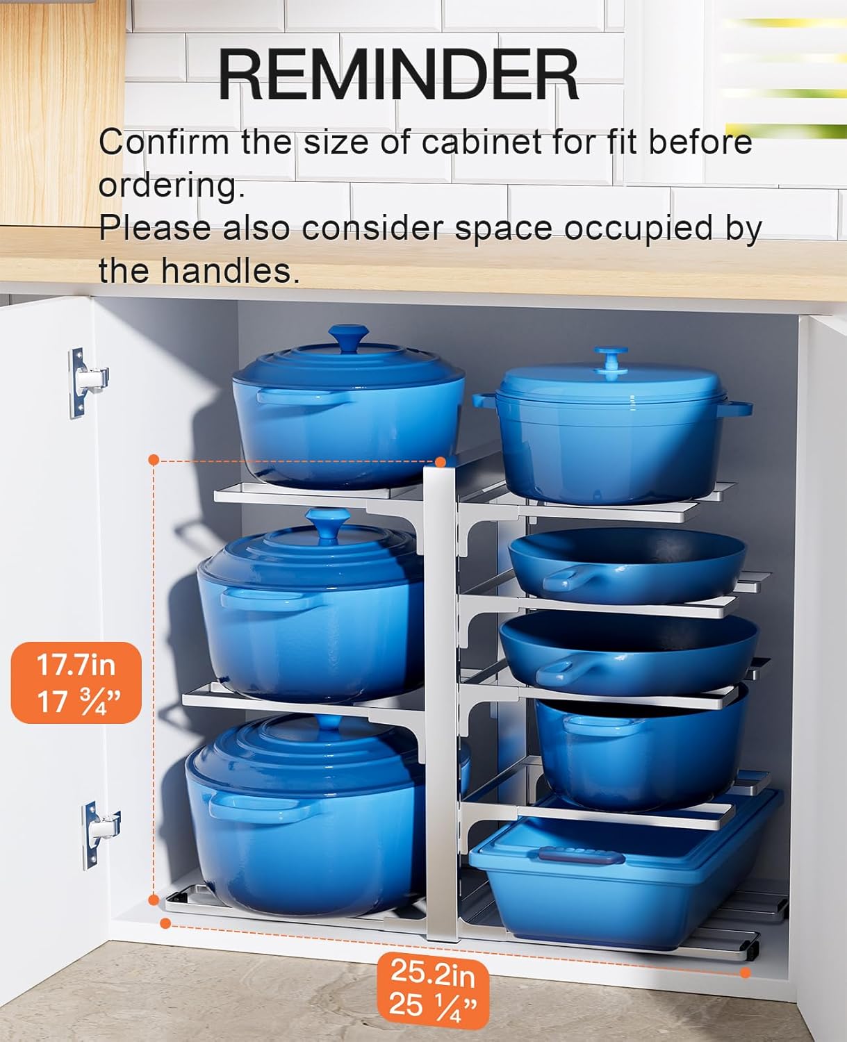 ORDORA Pots and Pans Organizer for Cabinet 16.61 Height, 8 Tier Pot Organizers Rack with 3 DIY Methods, Adjustable Pan Organizer under Cabinet Kitchen Organization and Storage