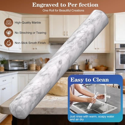 French Rolling Pin for Baking, FiiMan 12 Inch Marble Rolling Pins with Wooden Stand, Heavy Stone French Polished Non-Stick Roller Pins For Baking Cookie Pizza Pastry (Black)