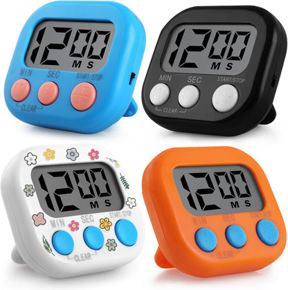 GeeRic Kitchen Timers 4 Pack, Electronic Timers with Loud Alarm for Cooking, Magnetic Digital Timers Big LCD Display Blue Green Pink White (No Battery Included)