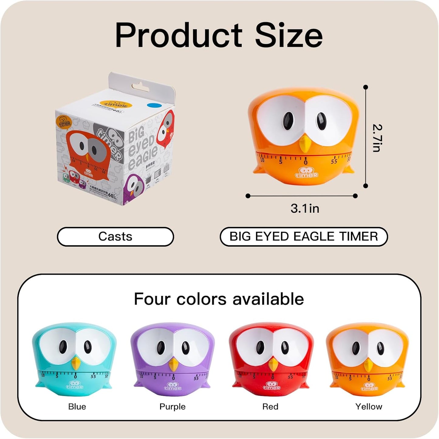 Kitchen Timer, Cute Cartoon Animal Not-Battery Countdown Timer for Banking,Sport,Study (Red)