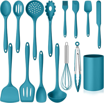 Silicone Cooking Utensil Set, Homikit 15pcs Kitchen Utensils with Holder for Nonstick Cookware, Heat Resistant Nontoxic Silicone Spatula Set Dishwasher Safe Kitchen Tools for Baking-Black