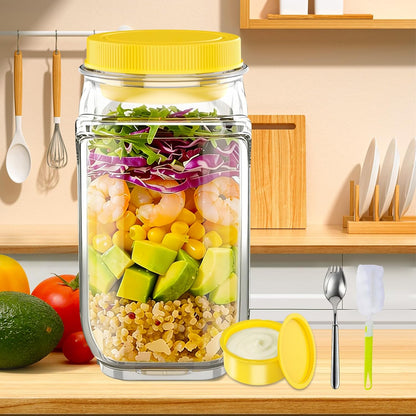 FNHMSL Side-Opening Mason Salad Jar, Portable (35 oZ) 1000ml Salad Container with Leakproof Dressing Cup, Includes Spoon and Cleaning Brush, Perfect for Meal Prep, Gym, Office, Picnic and Travel