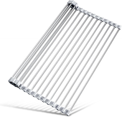 Tomorotec 17.7" x 15.5" Roll Up Dish Drying Rack Over Sink Drying Rack Sink Cover Kitchen Sink Accessories Gadget Multipurpose Organizer Foldable Stainless Steel Drainer