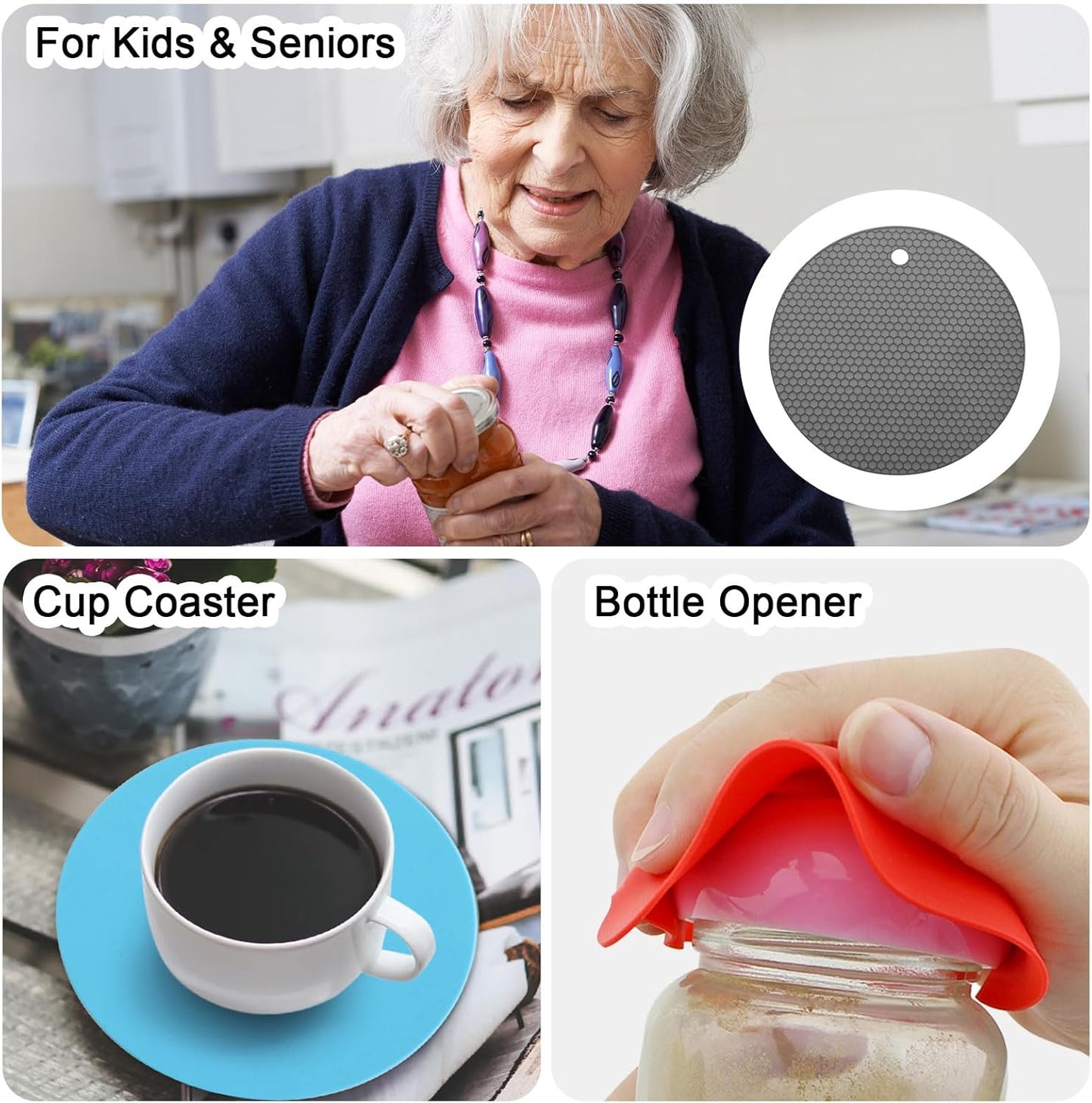 uxcell 3pcs Silicone Jar Opener Pads, 17.5cm/7" Texture Can Opener Multipurpose Round Bottle Lid Opener Non-Slip Coasters for Weak Hands Seniors Children, Orange, Blue, Gray