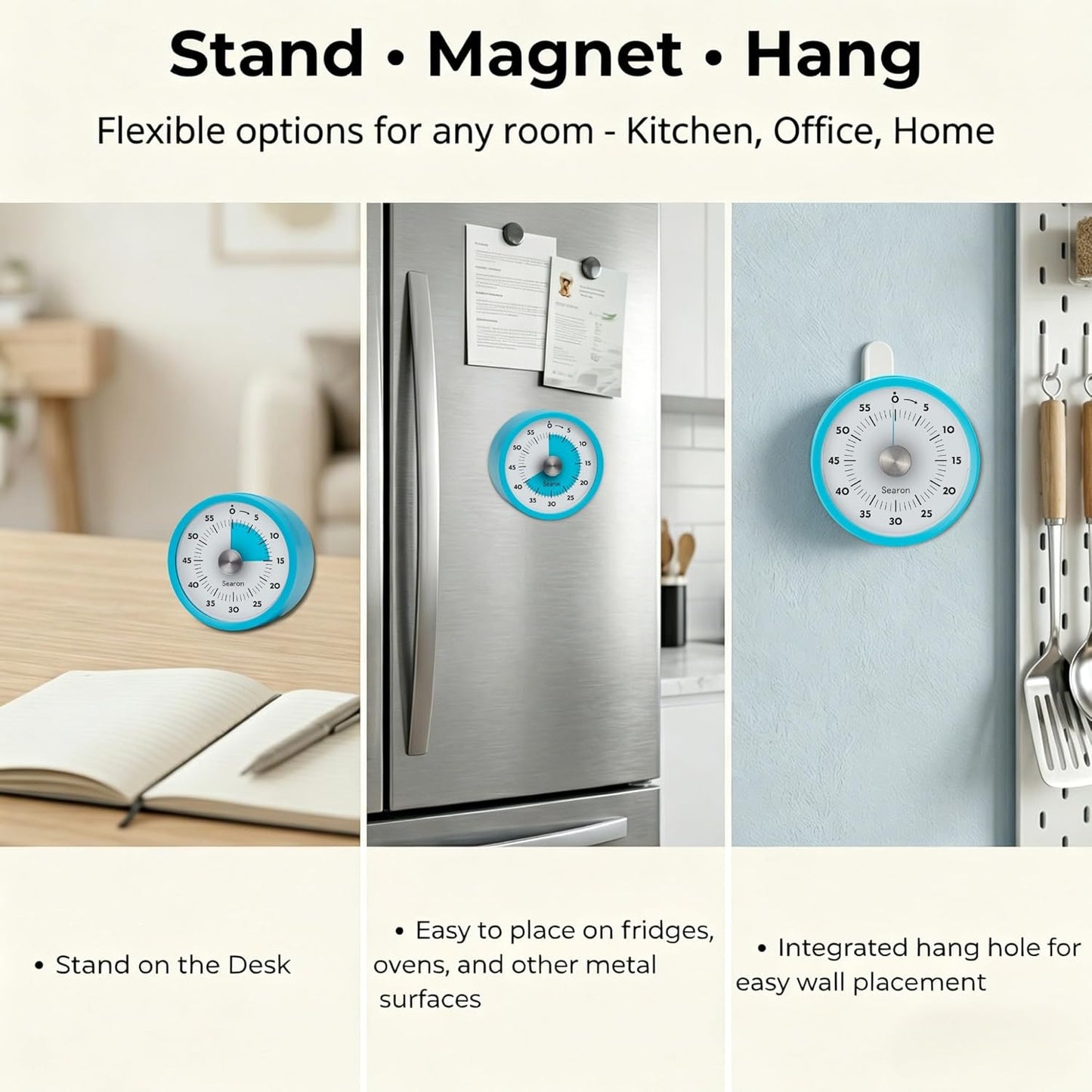 Searon Magnetic Visual Kitchen Timer, 60 Minute Countdown Timer with LED Alert, Turn the Dial to Start, No Winding Needed for Cooking, Baking, Meal Prep & Daily Kitchen Tasks (Blue)