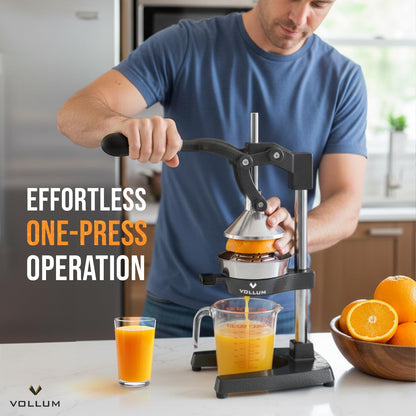 Vollum Hand Press Manual Citrus Juicer - citrus squeezer Commercial Grade Home Orange juice Squeezer for Oranges, Lemons, Limes - Stainless Steel and Cast Iron Non-skid Suction Cup Base- 15 Inch, Gray