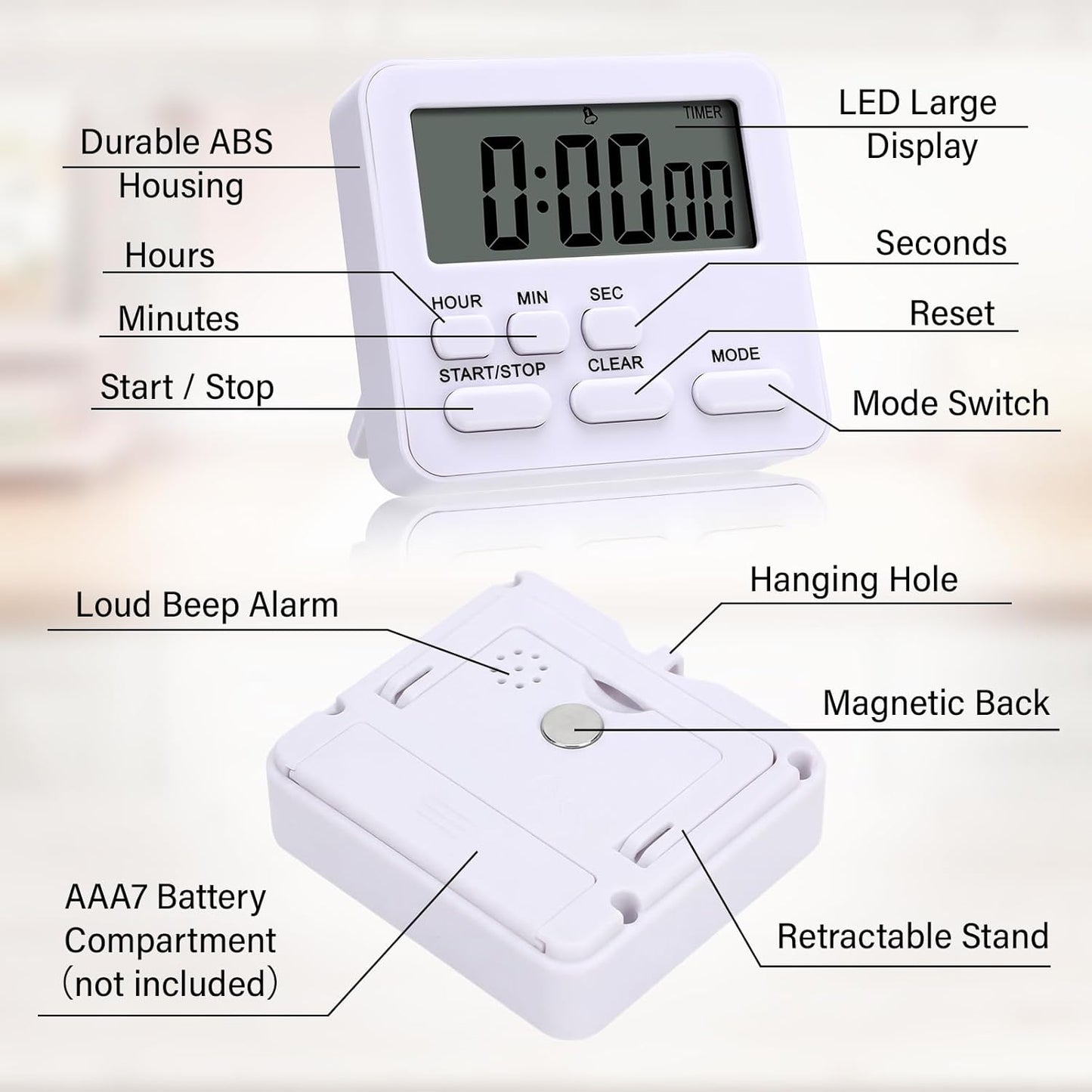 Leumoi 2 Pcs Digital Kitchen Timer 24 Hour Clock and Alarm Function Timer On/Off Switch Minute Second Count up Countdown Loud Alarm for Exercise Cook Baking(White)