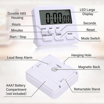 Leumoi 2 Pcs Digital Kitchen Timer 24 Hour Clock and Alarm Function Timer On/Off Switch Minute Second Count up Countdown Loud Alarm for Exercise Cook Baking(White)