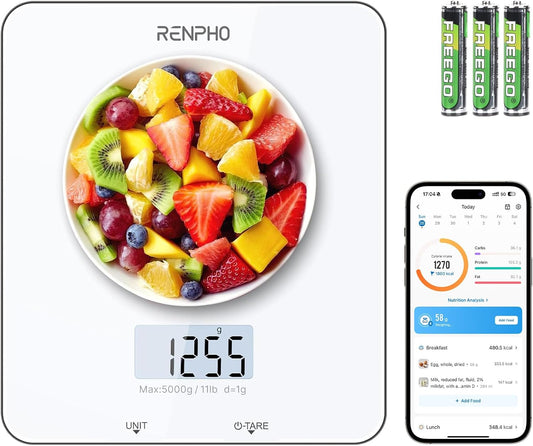 RENPHO Digital Kitchen Scale, Smart Food Weight Scale with Nutritional Calculator, Gram Scale for Weight Loss Cooking Baking Keto Macro Diet, Black Glass, 22lb/10kg